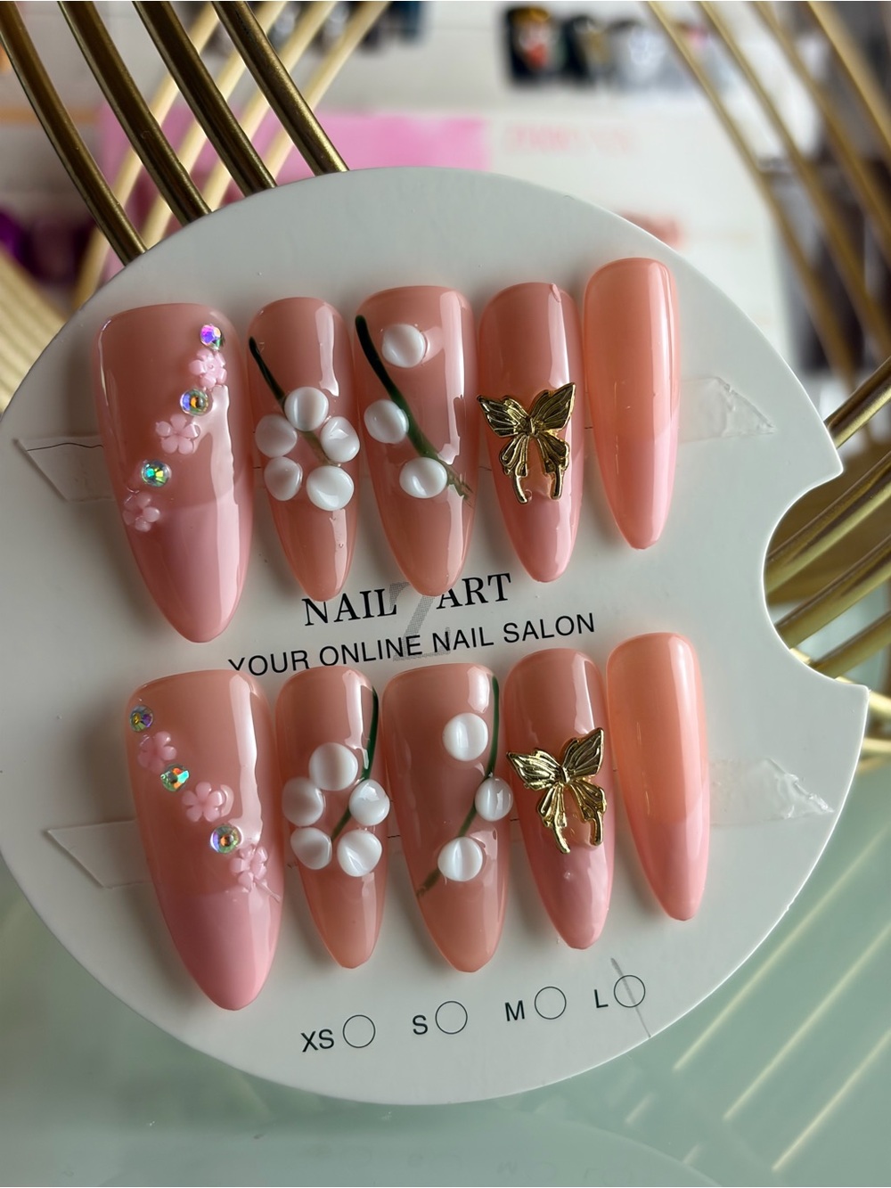 Peach Blossom 3D Nail Set with Gold Butterfly Accents Large